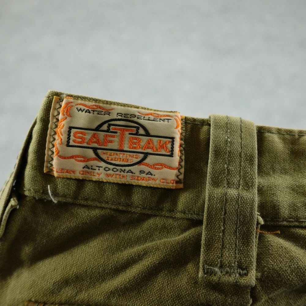 Vintage Saf-T-Bak Pants Mens 32x28 Olive Green Canvas Duck Hunting 60s